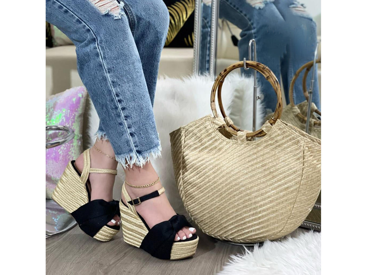 Gold Black High Heel Sandals and Purse Set